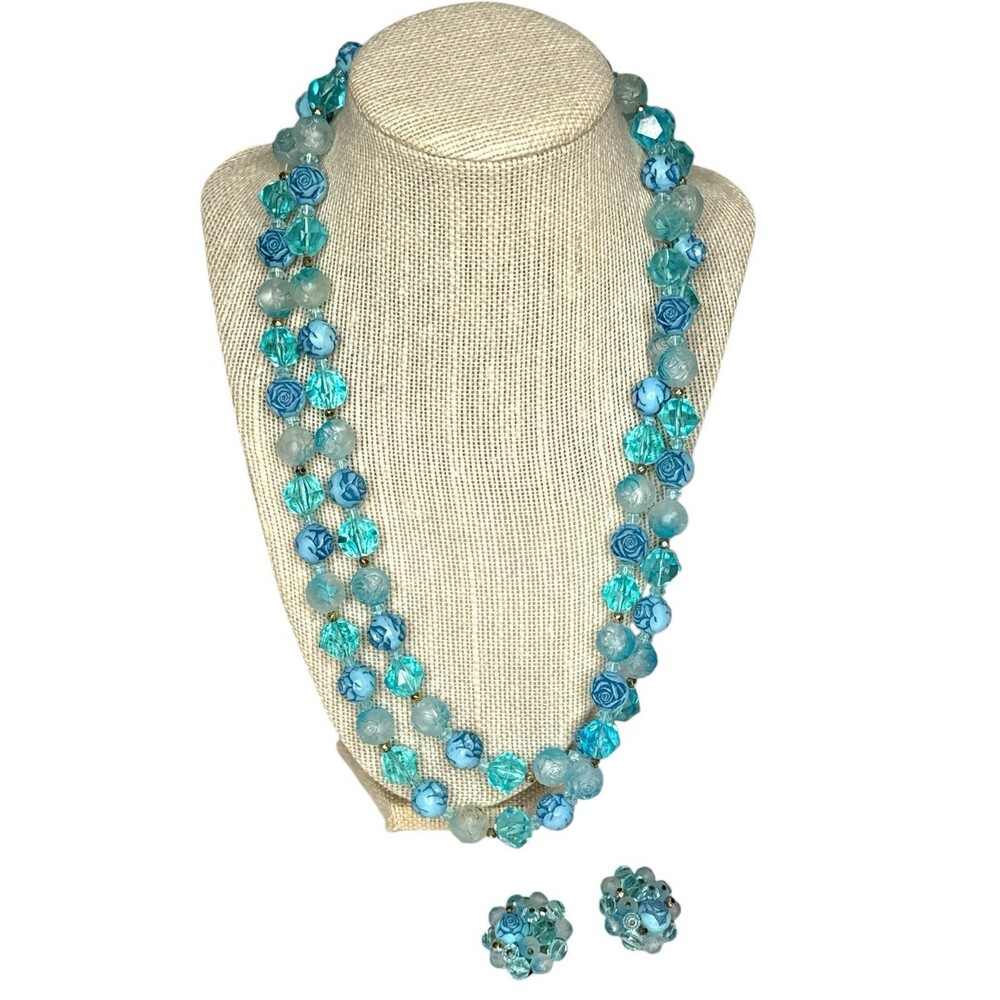 Vintage Western Germany Blue Double Strand Beaded Necklace Clip Earrings Set